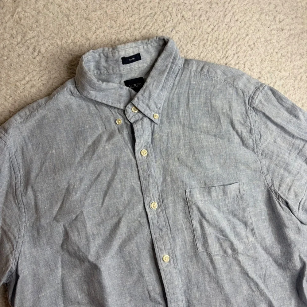 J.Crew Mens Slim Fit Linen Cotton Short Sleeve Button Down Shirt Blue Large